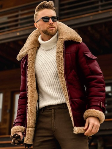 Tasca lunga invernale da uomo rossa con cappotto a maniche lunghe in sherpa