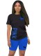 Summer Casual Black Print Round Neck Short Sleeve Top And Blue Shorts Two Piece Set