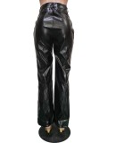 Winter Casual Black Pu Leather Flared Pant