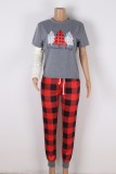 Chiristmas Grey Print Round Neck Short Sleeve Top And Print Pant Pajama Two Piece Set