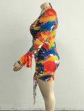 Fall Plus Size Sexy Print V Neck Long Sleeve Ruffles Mini Dress