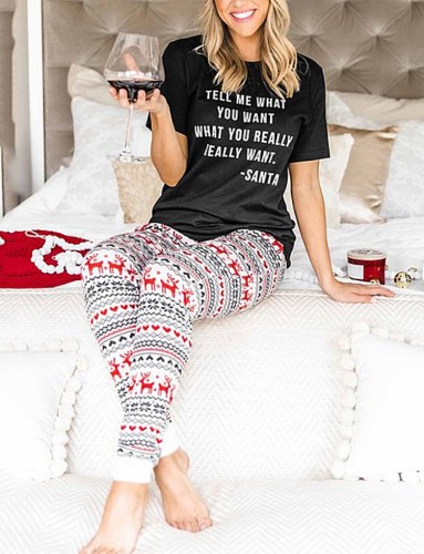 Noel Siyah Baskılı Yuvarlak Yaka Kısa Kollu Üst Ve Baskılı Pantolon Pijama İkili Takım