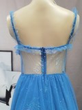 Summer Elegant Blue Straps Sleeveless Lace Expansion Evening Dress