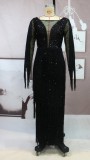 Fall  Elegant Black Sequins With Tassles V Neck Long Dress
