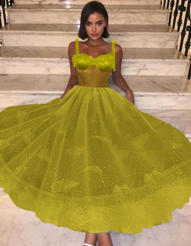Summer Elegant Yellow Straps Sleeveless Lace Expansion Evening Dress