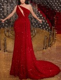 Summer Elegant Red Sequins Cut Out One Shoulder Sleeveless Evening Dress