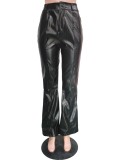 Winter Casual Black Pu Leather Flared Pant