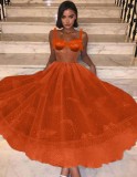 Summer Elegant Orange Straps Sleeveless Lace Expansion Evening Dress