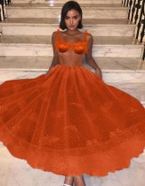 夏のエレガントなオレンジ色のストラップノースリーブレース拡張イブニングドレス