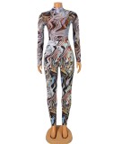 Winter Sexy Print High Collar Long Sleeve Top and Pant two piece set
