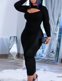 Fall Plus Size Sexy Black Cut Out Round Neck Long Sleeve Maxi Dress