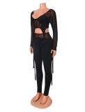 Fall Sexy Black Cut Out See Through Long Sleeve Bandage Top And Pant Two Piece Set