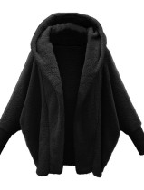 Jaqueta longa de lã preta casual inverno com capuz