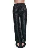 Winter Casual Black Pu Leather Loose Pant