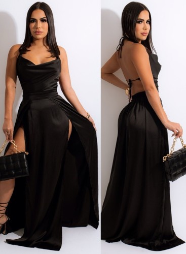 Summer Sexy Black Straps Sleeveless Slit Long Dress