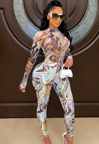 Winter Sexy Print High Collar Long Sleeve Top and Pant two piece set
