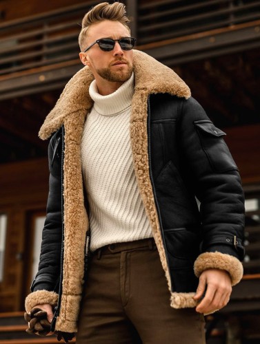 Men'S Winter Black Pocket Long With Sherpa Long Sleeve Coat