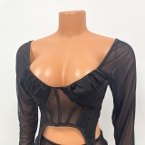 Fall Sexy Black Cut Out See Through Long Sleeve Bandage Top And Pant Two Piece Set