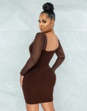 Fall Sexy Brown U Neck See Through Long Sleeve Bodycon Dress