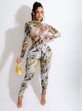 Winter Sexy Print High Collar Long Sleeve Top and Pant two piece set