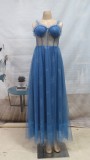 Summer Elegant Blue Straps Sleeveless Lace Expansion Evening Dress