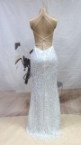 Summer Elegant White Sequins Straps Sleeveless Slit Evening Dress