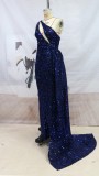 Summer Elegant Blue Sequins Cut Out One Shoulder Sleeveless Evening Dress