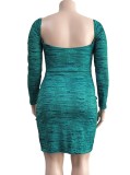 Winter Plus Size Green Print U Neck Long Sleeve Party Dress