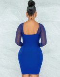 Fall Sexy Blue U Neck See Through Long Sleeve Bodycon Dress