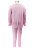 Autumn Pink Casual Slash Shoulder Shirt and Sweatpants Two Piece Set
