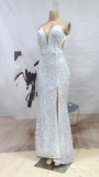 Summer Elegant White Sequins Straps Sleeveless Slit Evening Dress