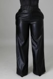 Winter Casual Black Pu Leather Loose Pant