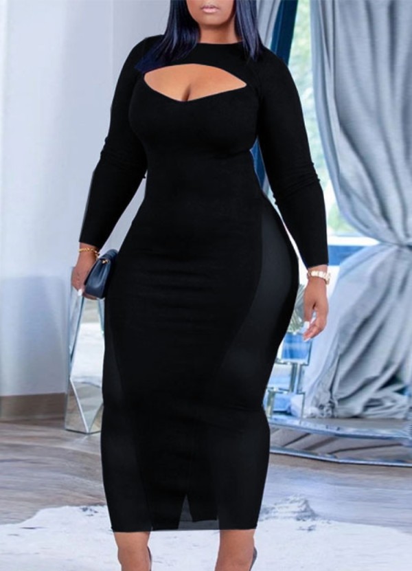 Fall Plus Size Sexy Black Cut Out Round Neck Long Sleeve Maxi Dress