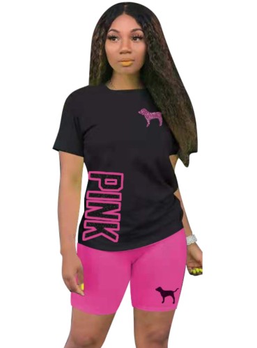 Summer Casual Black Print Round Neck Short Sleeve Top And Pink Shorts Two Piece Set