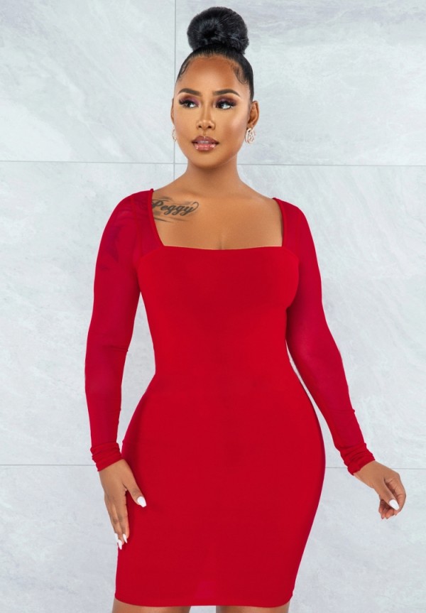 Fall Sexy Red U Neck See Through Long Sleeve Bodycon Dress