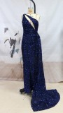 Summer Elegant Blue Sequins Cut Out One Shoulder Sleeveless Evening Dress