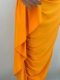 Fall Sexy Orange One Shoulder Ruffles With Waist Rope Midi Dress