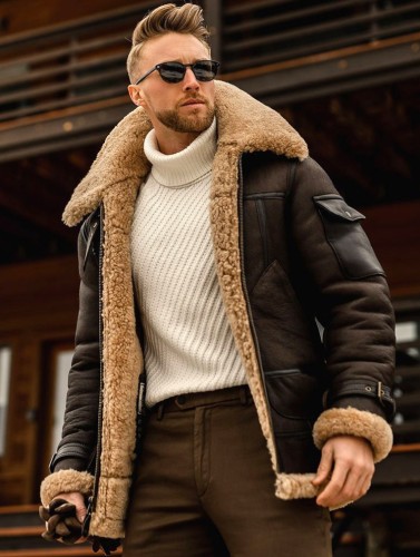 Casaco masculino de inverno marrom com bolso longo com manga comprida Sherpa