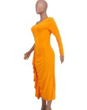 Fall Sexy Orange One Shoulder Ruffles With Waist Rope Midi Dress