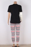 Chiristmas Black Print Round Neck Short Sleeve Top And Print Pant Pajama Two Piece Set