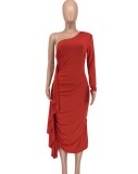 Fall Sexy Red One Shoulder Ruffles With Waist Rope Midi Dress