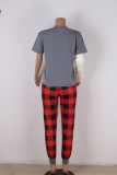 Chiristmas Grey Print Round Neck Short Sleeve Top And Print Pant Pajama Two Piece Set