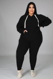 Winter Black Pullover Hood Two Piece Pants Plus Size Tracksuit