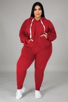 Winter Red Pullover Hood Two Piece Pants Plus Size Tracksuit