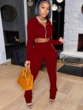 Autumn Red Cropped Hoody Jacket and Pants Two Piece Tracksuit