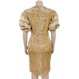 Autumn Gold Sequined Puff Sleeve Formal Midi Dress
