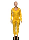 Winter Yellow Zipped Hood Two Piece Pants Plus Size Tracksuit