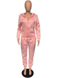 Winter Pink Zipped Hood Two Piece Pants Plus Size Tracksuit