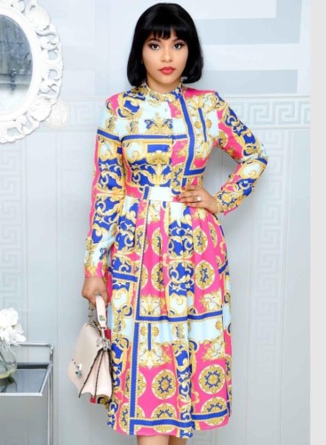 Autumn Print Retro Long Sleeves O-Neck Midi Office Dress