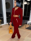 Autumn Red Cropped Hoody Jacket and Pants Two Piece Tracksuit